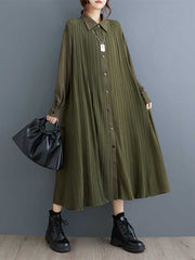 A-Line Long Sleeves Buttoned Pleated Pockets Split-Joint Lapel Midi Dresses Shirt Dress