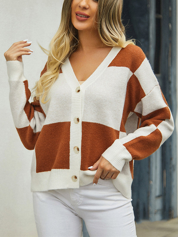 Long Sleeves Loose Color-Block Contrast Color Split-Joint V-Neck Cardigan Tops