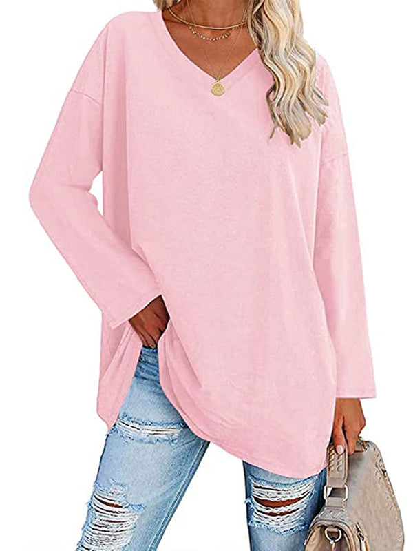 Long Sleeves Loose See-Through Solid Color Split-Joint V-Neck T-Shirts