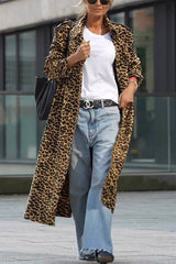 Be Free Velvet Leopard Print Long Sleeve Loose Midi Trench Coat