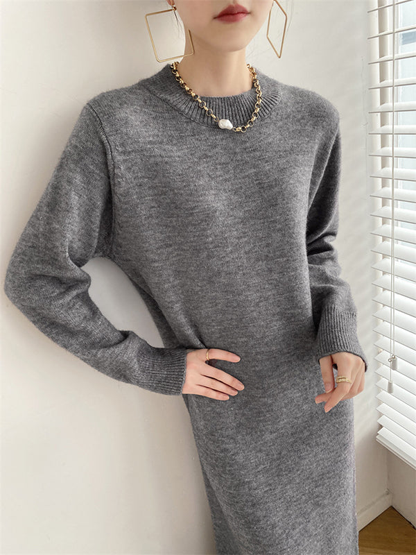 Urban Loose Long Sleeves Solid Color Round-Neck Sweater Dresses