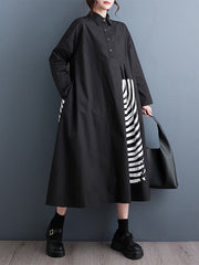 A-Line Long Sleeves Asymmetric Buttoned Pleated Printed Split-Joint Lapel Midi Dresses Shirt Dress