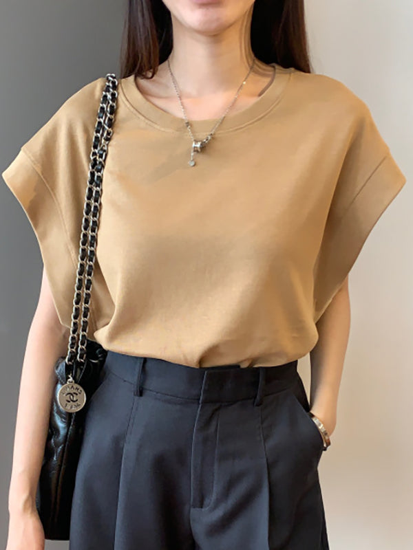 Loose Raglan Sleeve Solid Color Round-Neck T-Shirts Tops