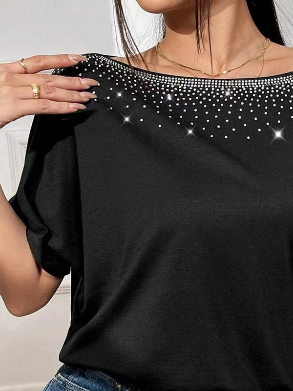 Batwing Sleeves Loose Rhinestone Split-Joint One-Shoulder T-Shirts