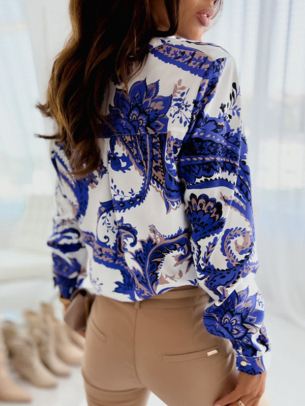 Long Sleeves Loose Printed Lapel Blouses