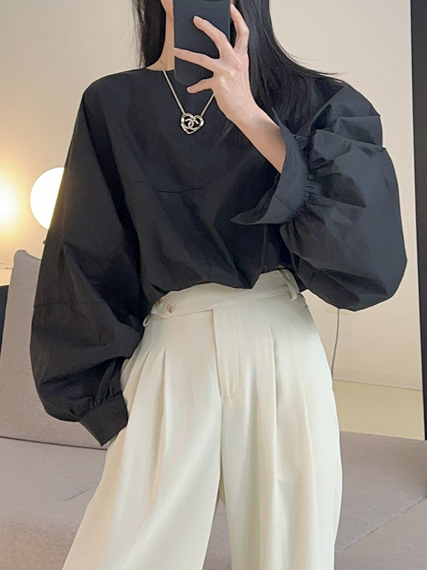 Batwing Sleeves Loose Elasticity Solid Color Round-Neck Blouses&Shirts Tops