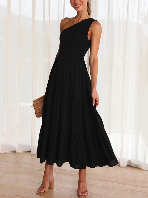 Loose Pleated Solid Color One-Shoulder Midi Dresses