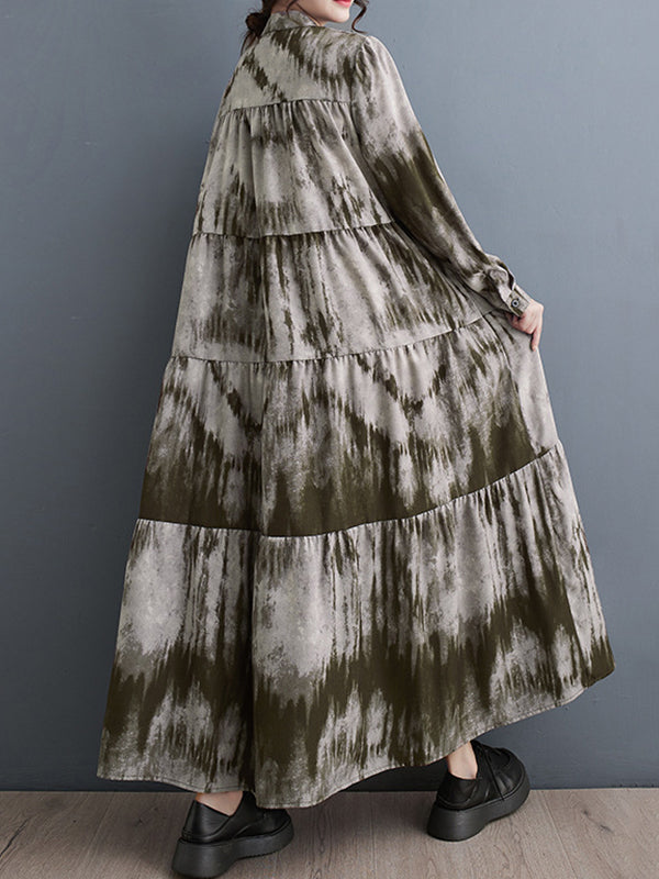 Long Sleeves Loose Pleated Split-Joint Tie-Dyed Stand Collar Midi Dresses