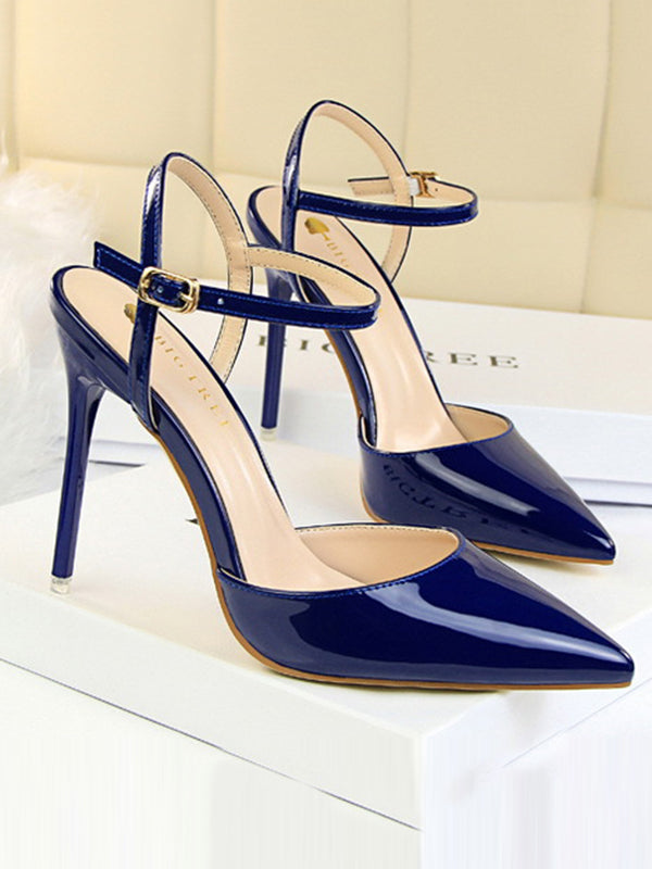 Belt Buckle Pointed-Toe Shiny Split-Joint Pumps Sandals