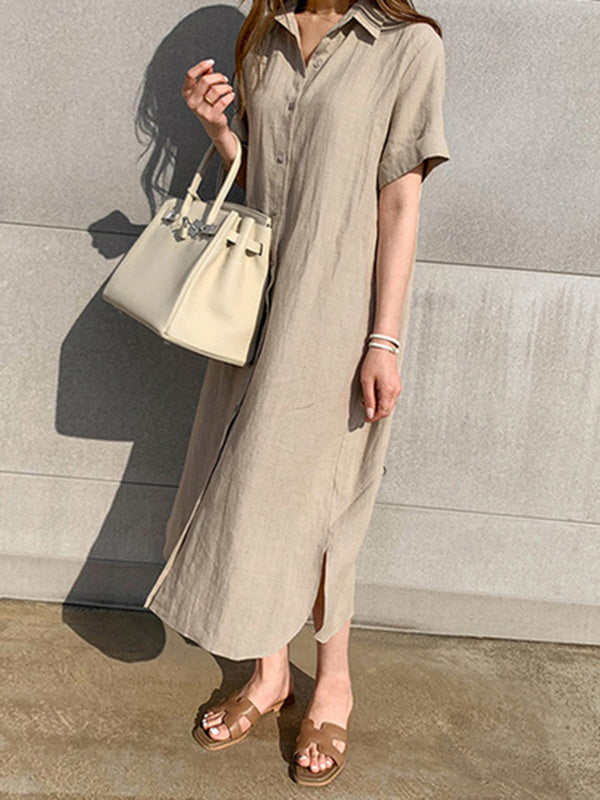 Simple 3 Colors Loose Casual Short Sleeve Shirt Dress