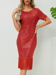 Bodycon Short Sleeves Sequined Shiny Solid Color Split-Joint Tasseled Round-Neck Midi Dresses