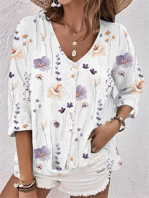 Long Sleeves Loose Buttoned Flower Print V-Neck Blouses&Shirts Tops