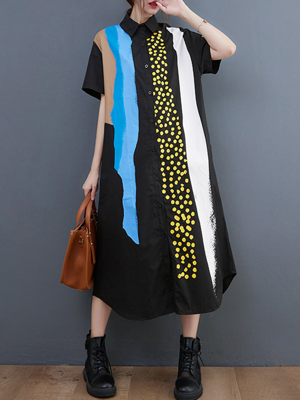 Artistic Retro Short Sleeves Loose Contrast Color Polka-Dot Lapel Collar Midi Shirt Dress