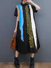 Artistic Retro Short Sleeves Loose Contrast Color Polka-Dot Lapel Collar Midi Shirt Dress