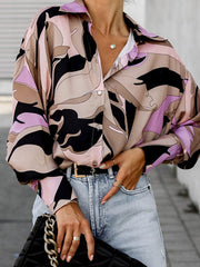 Long Sleeves Loose Buttoned Printed Lapel Blouses&Shirts Tops