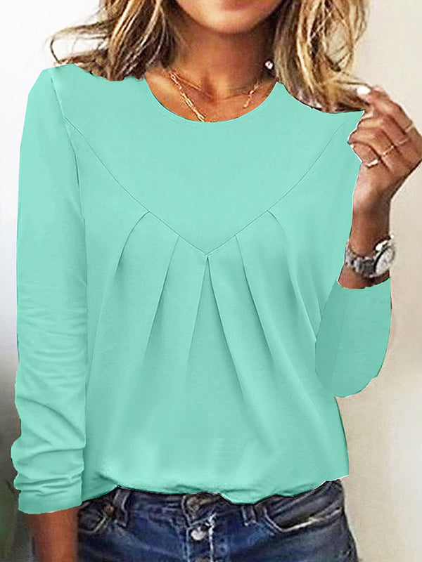 Long Sleeves Loose Pleated Solid Color Split-Joint Round-Neck T-Shirts Tops