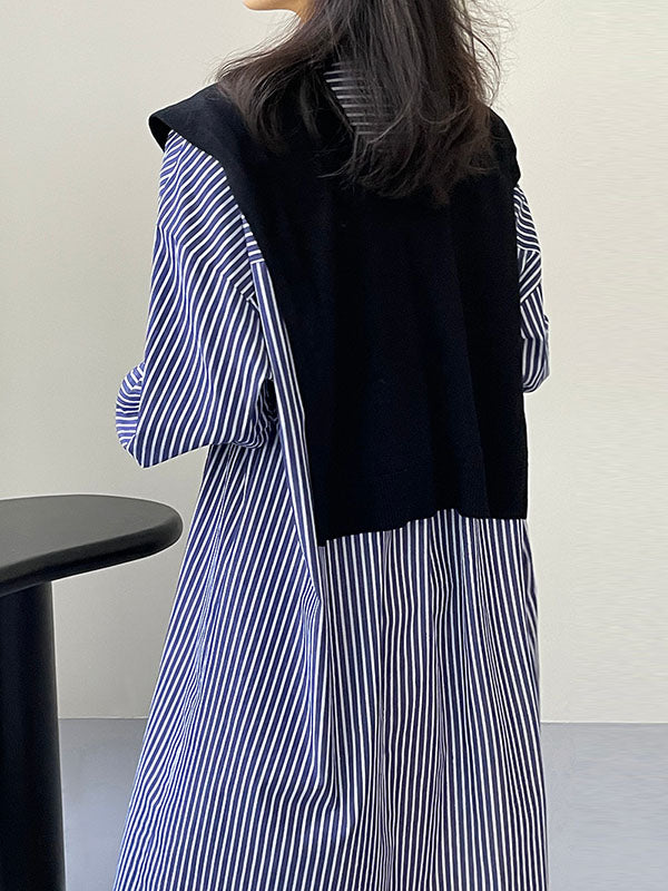 Long Sleeves Loose Striped Round-Neck Midi Dresses Shirt Dress