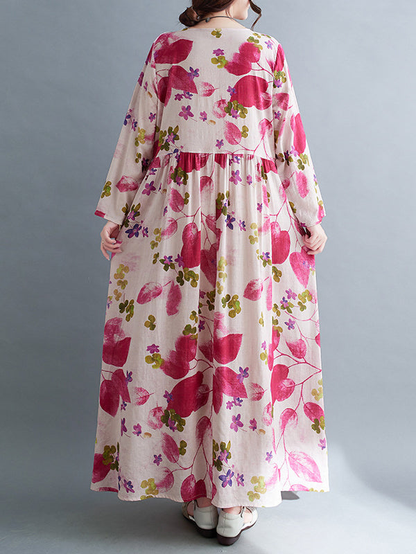 Long Sleeves Loose Flower Print Split-Joint Round-Neck Midi Dresses