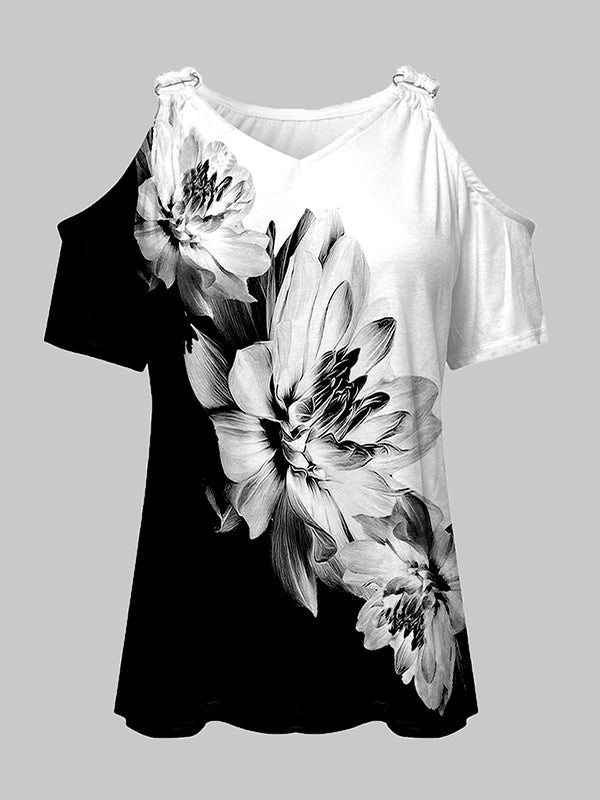 Loose Short Sleeves Flower Print Split-Joint Cold Shoulder T-Shirts Tops