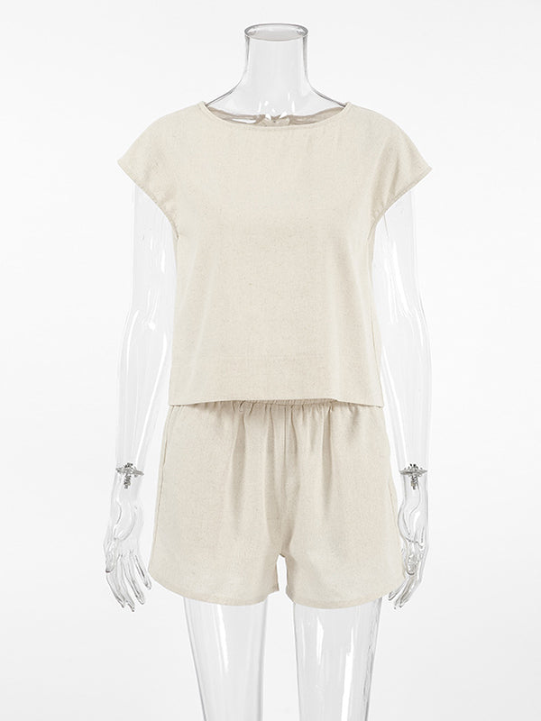 Loose Sleeveless Solid Color Split-Joint Round-Neck Vest Top + Elasticity Shorts Bottom Two Pieces Set