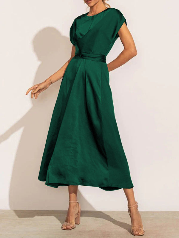 Loose Short Sleeves Solid Color Split-Joint Tied Waist Round-Neck Midi Dresses