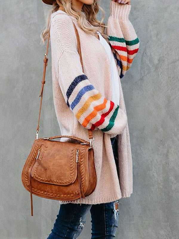 Long Sleeves Loose Colorful Contrast Color Striped Collarless Cardigan Tops