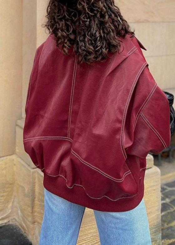 Oversized Wine Red Zipper Jacket