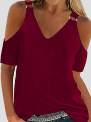 Loose Short Sleeves Solid Color Split-Joint Cold Shoulder T-Shirts Tops