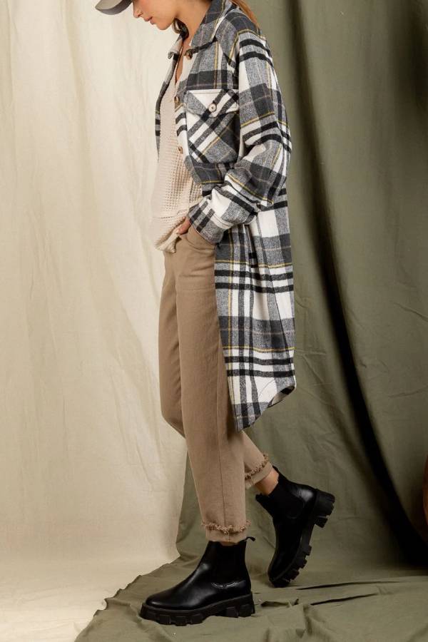 Plaid print drop shoulder overcoat