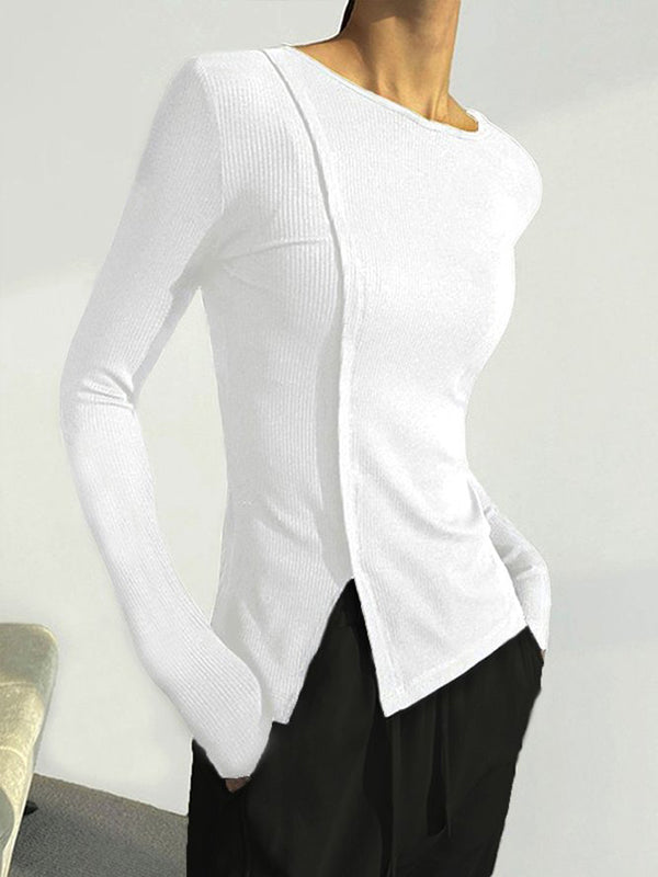 Skinny Solid Color Split-Joint Split-side Round-neck T-shirts