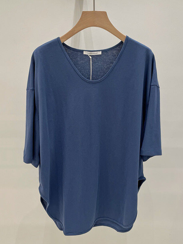 Casual Loose Split-Side Solid Color V-Neck T-Shirts Tops