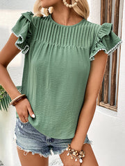 Loose Ruffle Sleeves Pleated Round-neck T-Shirts Tops