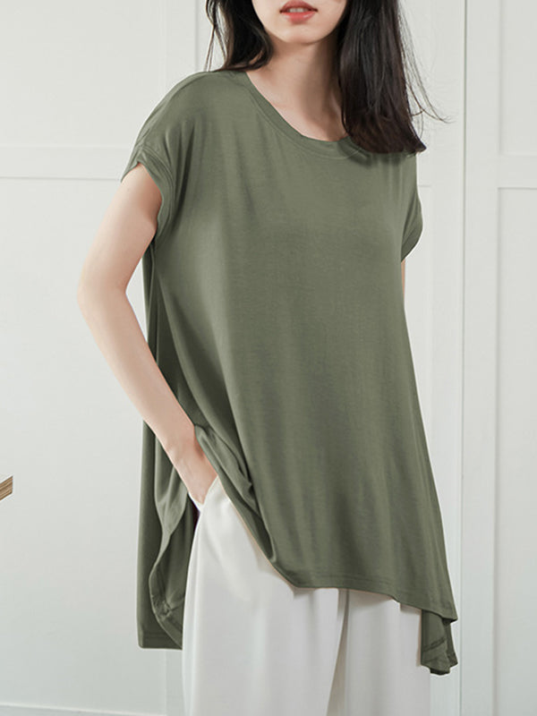 High-Low Loose Asymmetric Solid Color Round-Neck T-Shirts Tops