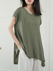 High-Low Loose Asymmetric Solid Color Round-Neck T-Shirts Tops