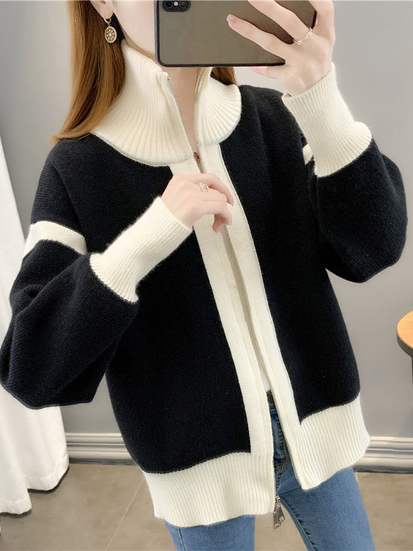 Casual Long Sleeves Contrast Color Zipper Stand Collar Cardigan Tops