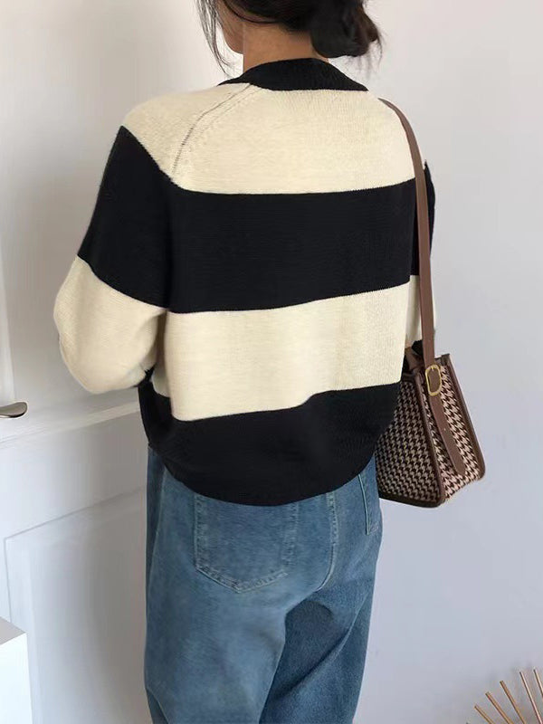 Casual Buttoned Contrast Color Striped Cardigan Tops