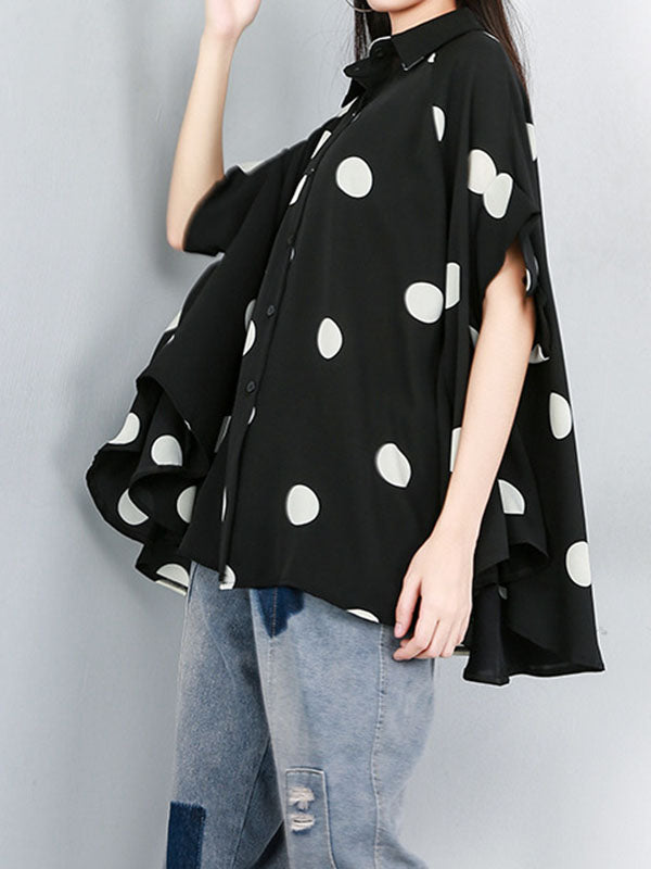 Batwing Sleeves High-Low Polka-Dot Lapel Blouses&Shirts Tops