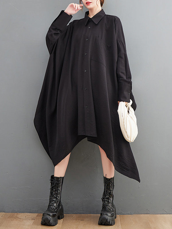 A-Line High-Low Asymmetric Buttoned Pockets Solid Color Lapel Midi Dresses Shirt Dress