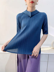 Half Sleeves Hooded Pleated Solid Color Mock Neck T-Shirts Tops