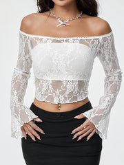 Flared Sleeves Long Sleeves See-Through Solid Color Off-The-Shoulder T-Shirts Tops