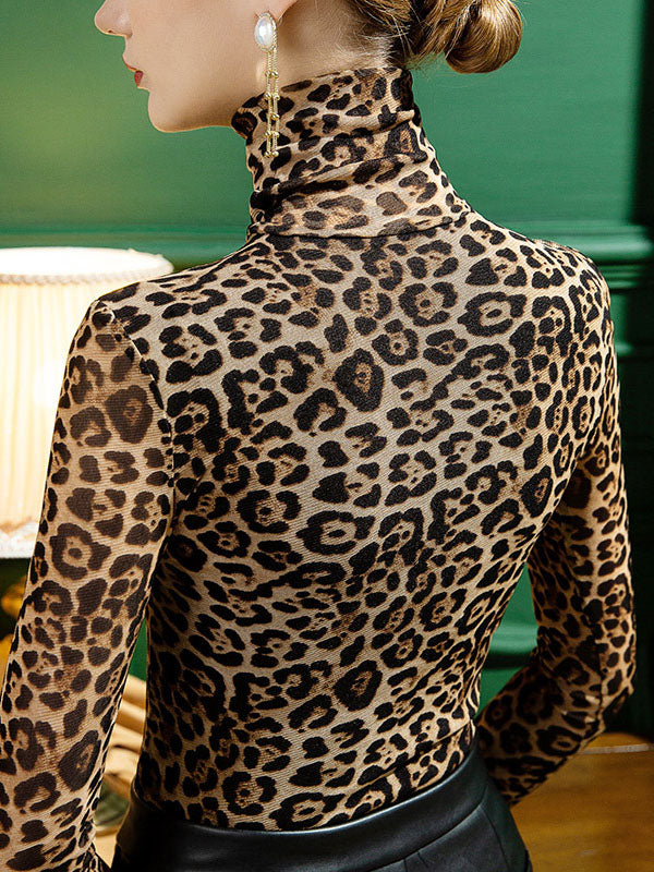 Stylish Selection Long Sleeves Skinny Leopard Half Turtleneck T-Shirts Tops