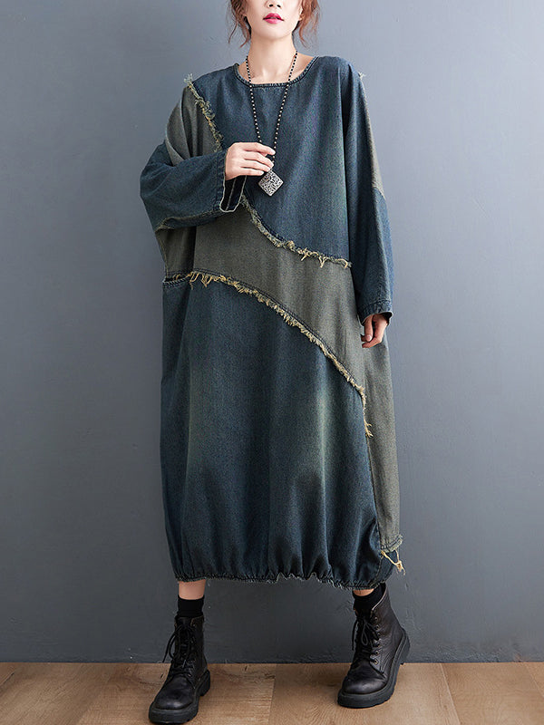 Original Loose Denim Contrast Color Round-Neck Long Sleeves Midi Dress