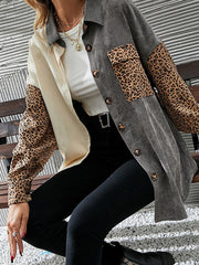 Long Sleeves Loose Buttoned Leopard Pockets Split-Joint Lapel Jackets Outerwear