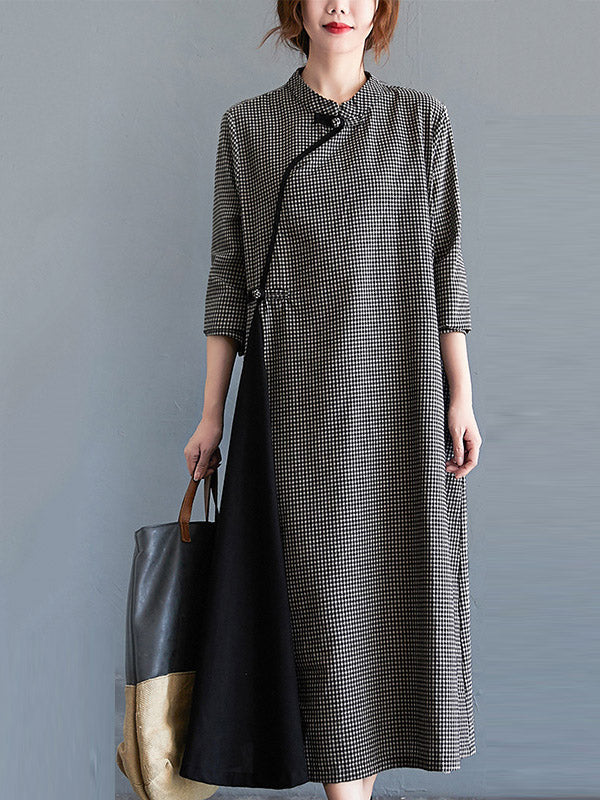 Artistic Retro Plaid Stand Collar Long Cheongsams Dress