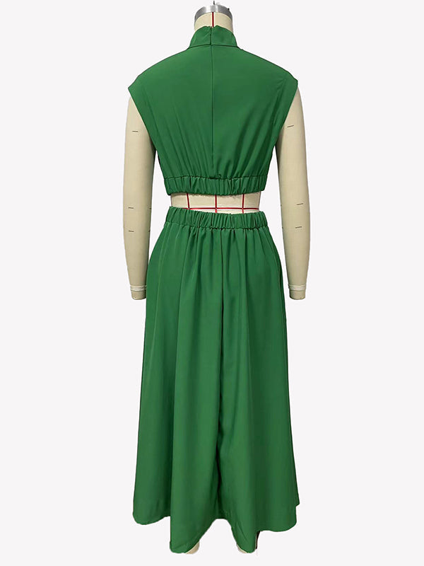 Cap Sleeve Belly-Hollow Pleated Solid Color Stand Collar Maxi Dresses