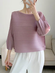 Casual Loose Three-Quarter Sleeves Pleated Solid Color Round-Neck T-Shirts Tops