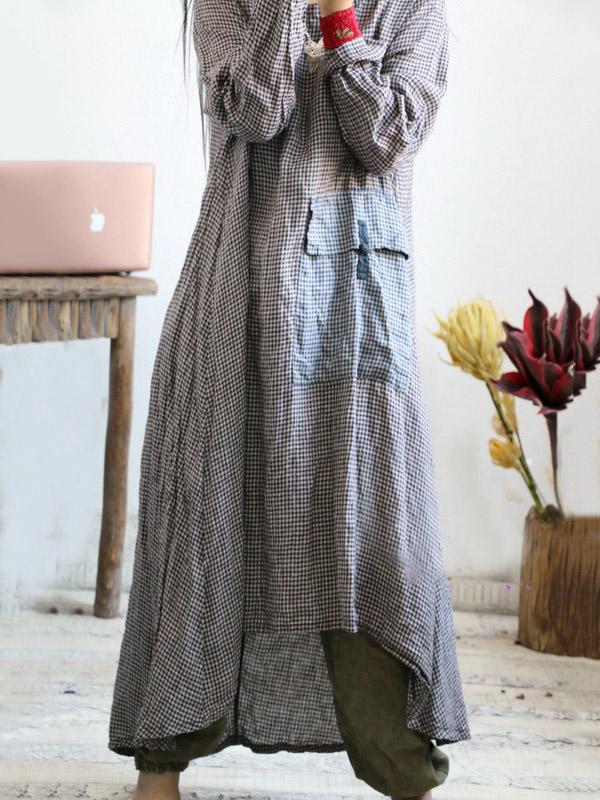 Loose Vintage Linen Plaid Round-neck Long Dress