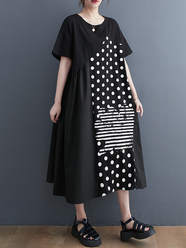 Irregularity Oversize Printed Striped Polka-Dot Split-Joint Round-Neck Midi Dresses