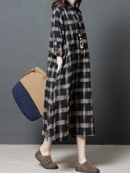 Loose Plaid Plus Size Ramie Cotton Blouse Midi Dresses