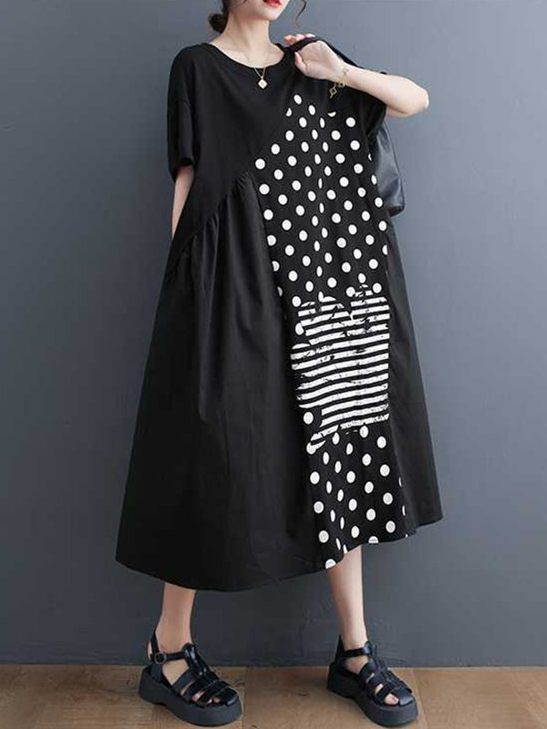 A-Line Loose Asymmetric Pockets Polka-Dot Split-Joint Round-Neck Midi Dresses